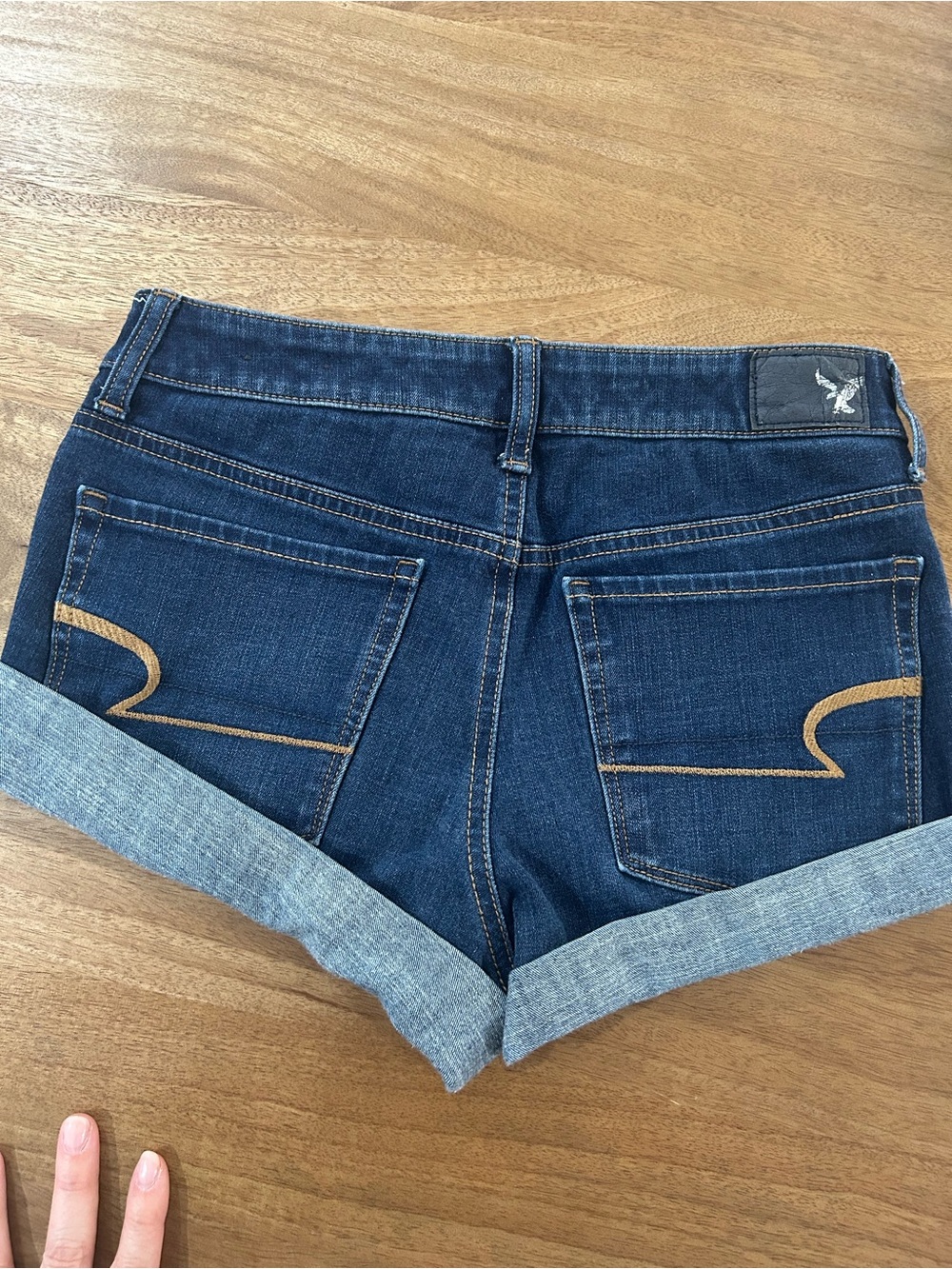 American Eagle Outfitters Dark High Rise Blue Rolled-Hem Denim Shorts - Picture 5 of 7
